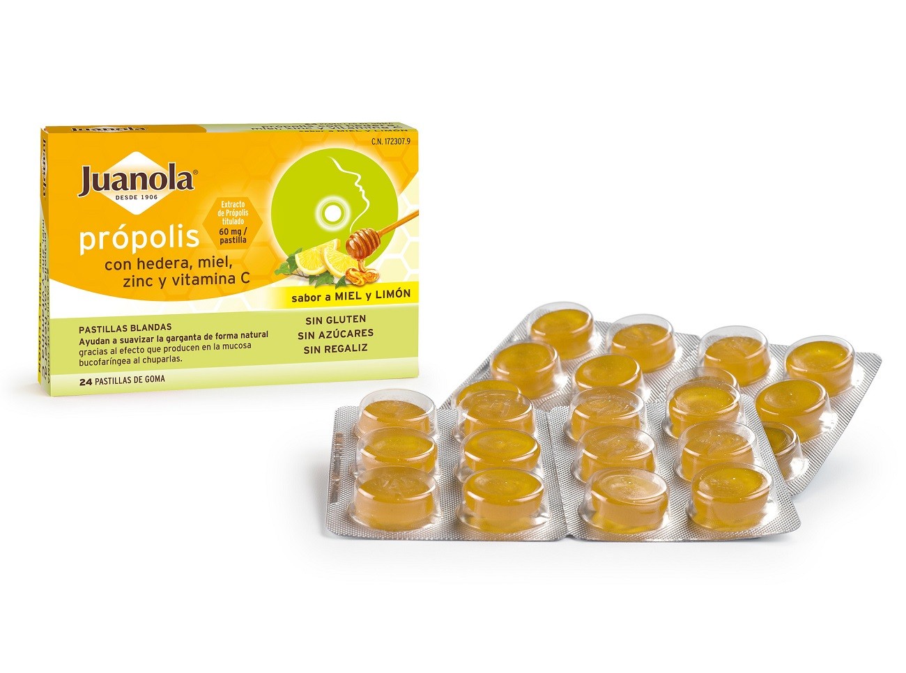 JUANOLA Própolis con Hedera,Miel, Zinc y Vit C sabor Miel y Limón 24 Pastillas Blandas-2