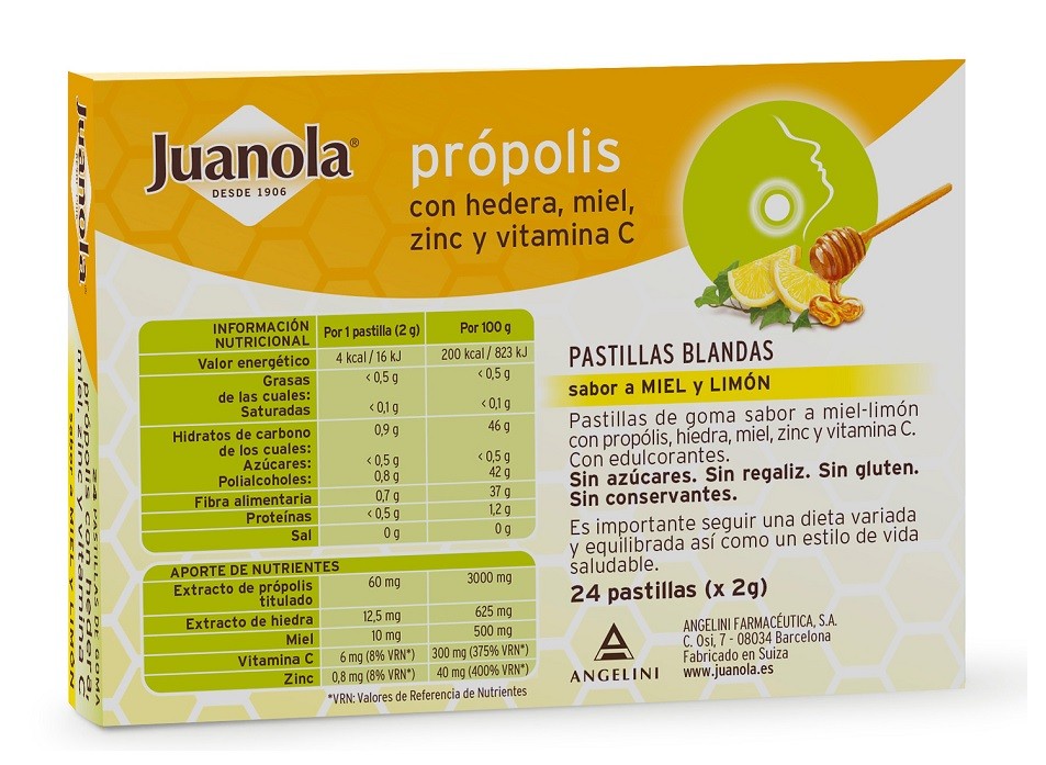 JUANOLA Própolis con Hedera,Miel, Zinc y Vit C sabor Miel y Limón 24 Pastillas Blandas-3