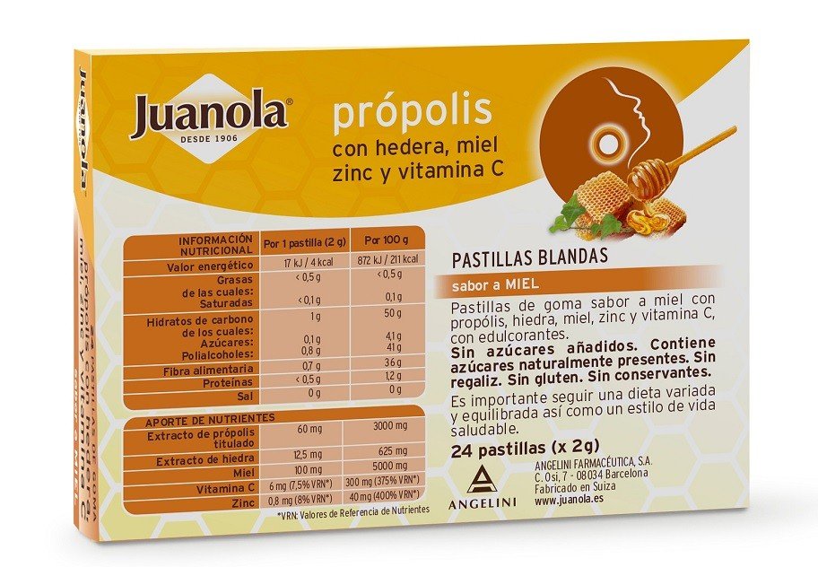 JUANOLA Própolis con Hedera, Miel, Zinc y Vit C sabor Miel 24 Pastillas Blandas-3