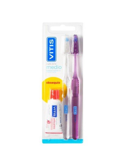 VITIS Pack Cepillo Dental Medio 2uds + Pasta Anticaries 15ml de REGALO-1