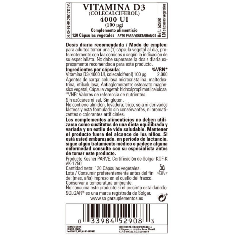 SOLGAR Vitamina D3 4000iu 120 Cápsulas Vegetales-3