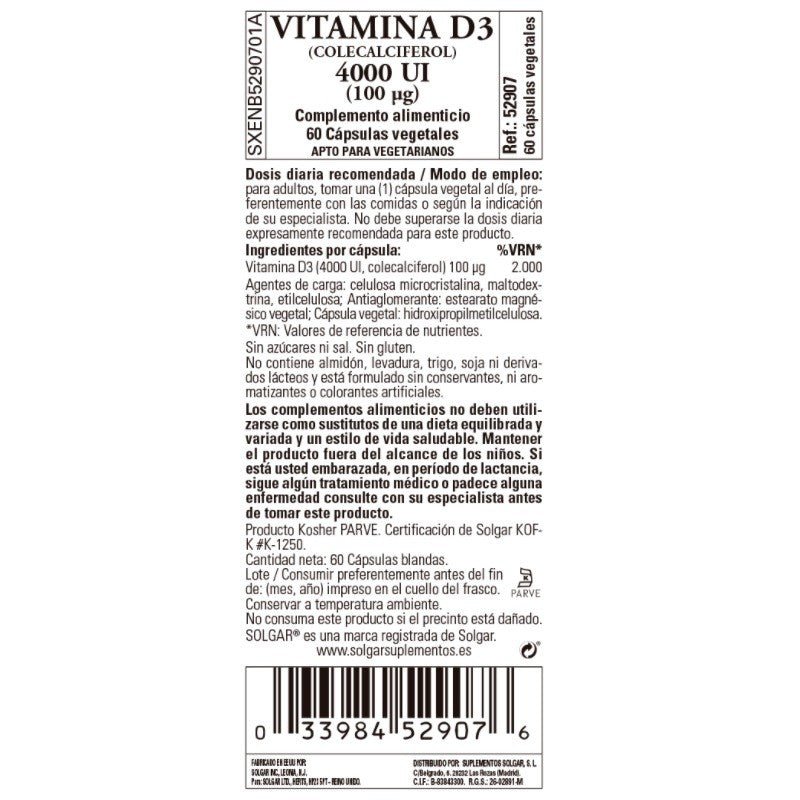 SOLGAR Vitamina D3 4000iu 60 Cápsulas Vegetales-3