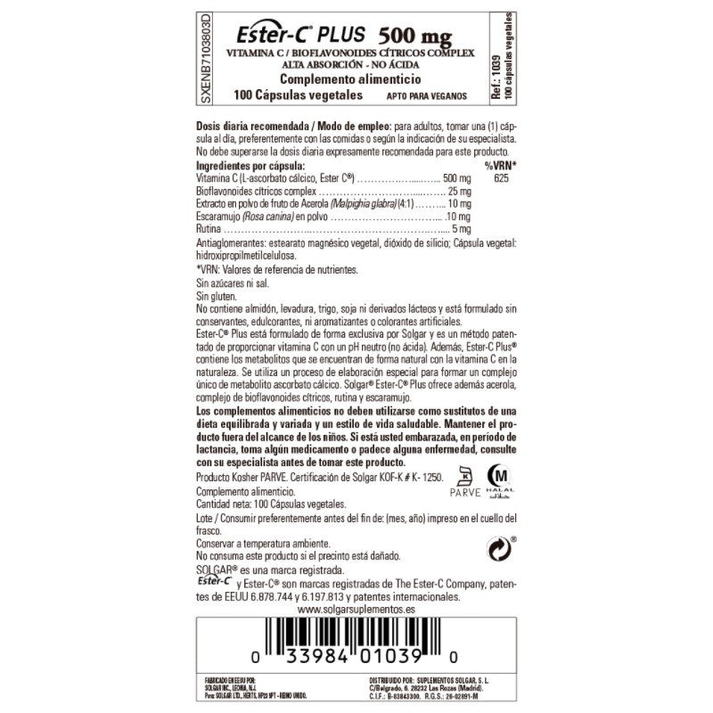 SOLGAR Ester-C Plus 500mg Vitamina C 100 Cápsulas Vegetales-3
