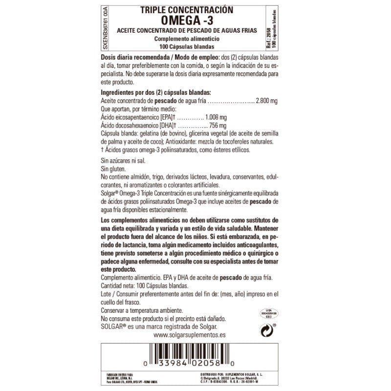 SOLGAR Omega-3 Triple Concentración 100 Cápsulas Blandas-3