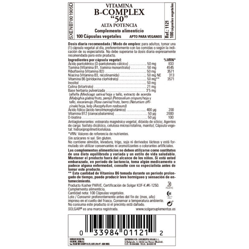 SOLGAR Vitamina B-Complex "50" Alta Potencia 100 Cápsulas Vegetales-3