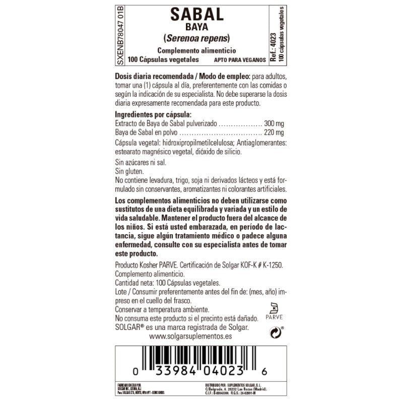 SOLGAR Sabal Extracto de Baya Saw Palmetto (Serenoa Repens) 100 Cápsulas Vegetales-3