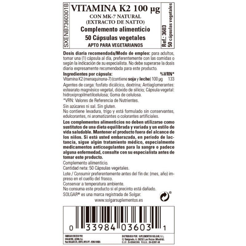 SOLGAR Vitamina K2 100μg con MK-7 Natural (Extracto de Natto) 50 Cápsulas Vegetales-3