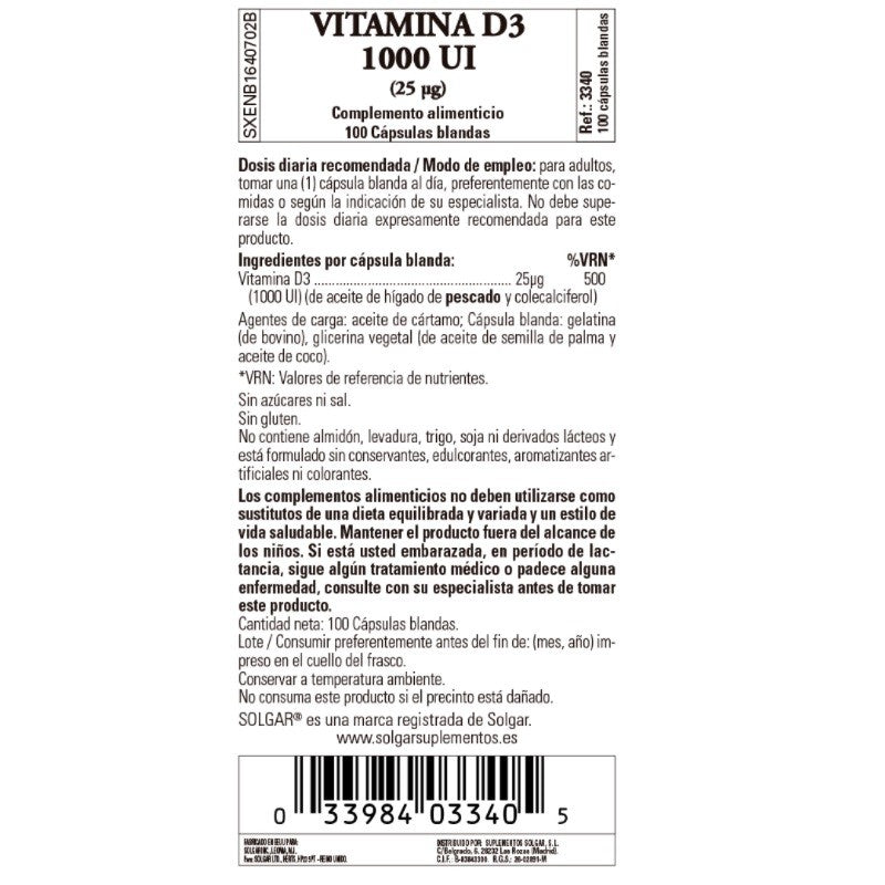 SOLGAR Vitamina D3 1000iu (25µg) 100 Cápsulas Blandas-3