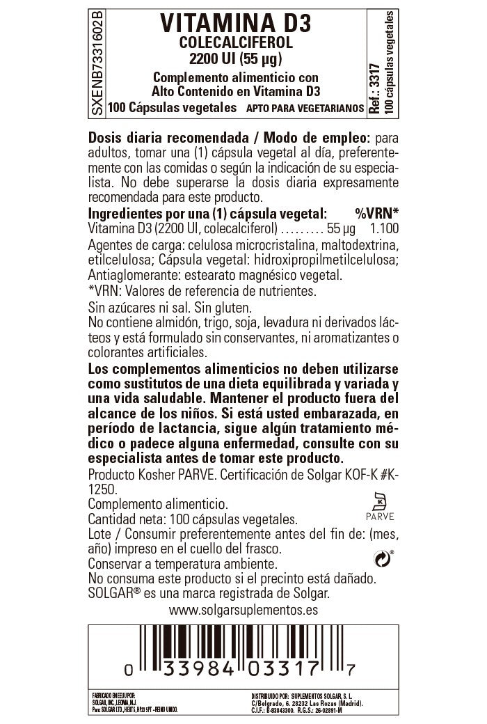 SOLGAR Vitamina D3 2200Ui (55 Mcg) (Colecalciferol) 100 Cápsulas Vegetales-3