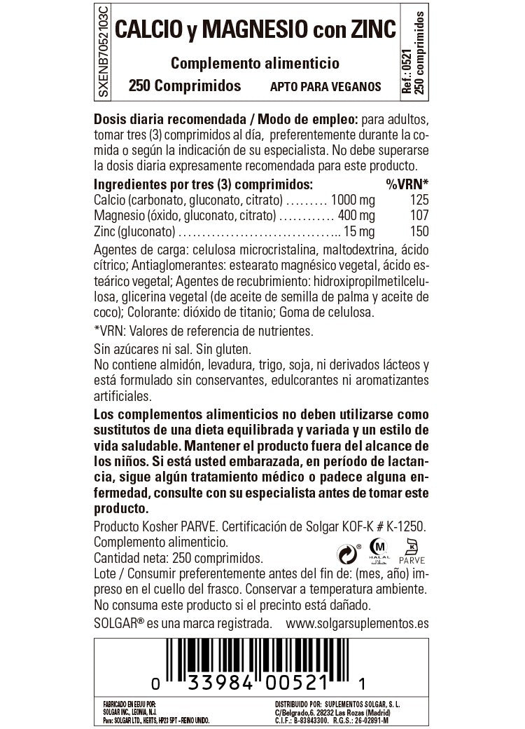 SOLGAR Calcio y Magnesio con Zinc 250 comprimidos-3