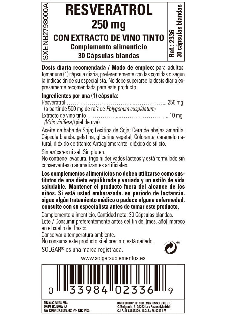 SOLGAR Resveratrol 250mg con Extracto de Vino Tinto 30 Cápsulas Blandas-3