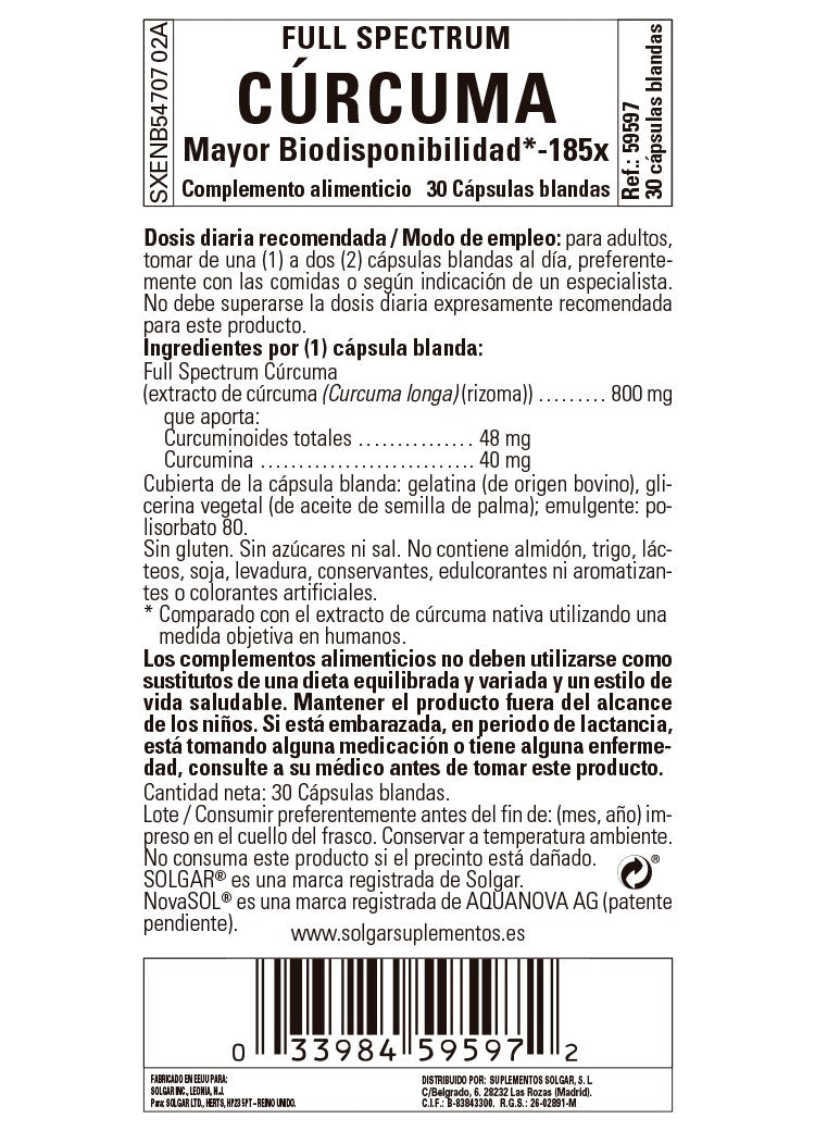 SOLGAR Curcumina de Espectro Completo 185x (30 Cápsulas Blandas)-3