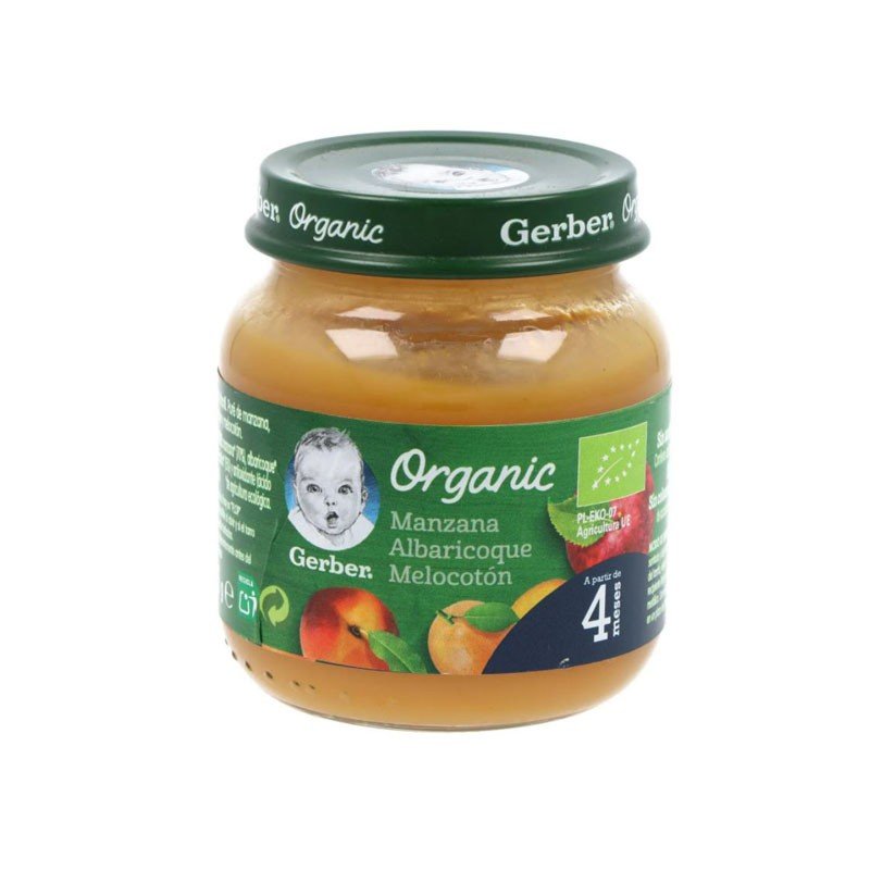 GERBER Tarrito de Puré de Manzana, Albaricoque y Melocotón BIO +4 Meses 125g-1