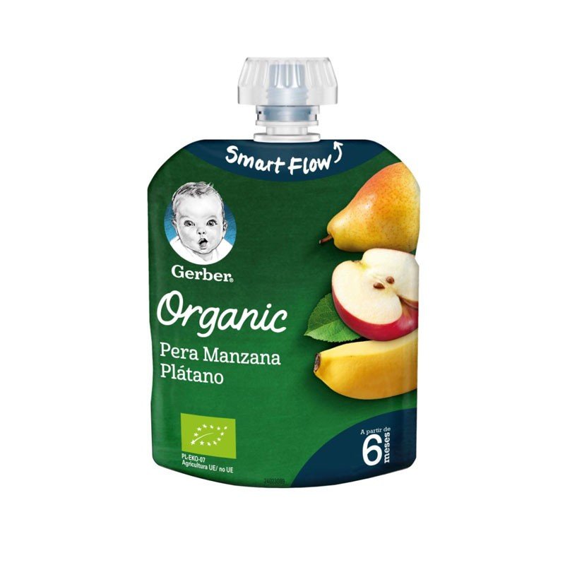 GERBER Bolsita de Puré de Pera, Manzana y Plátano BIO +6 Meses 90g-1