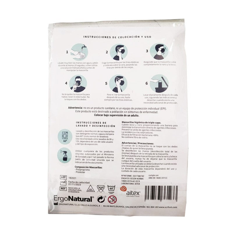 Mascarillas Reutilizables Higiénicas Niños ERGONATURAL Negra 2 Unidades-3