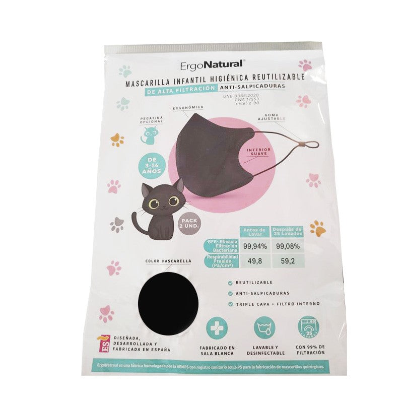 Mascarillas Reutilizables Higiénicas Niños ERGONATURAL Negra 2 Unidades-1