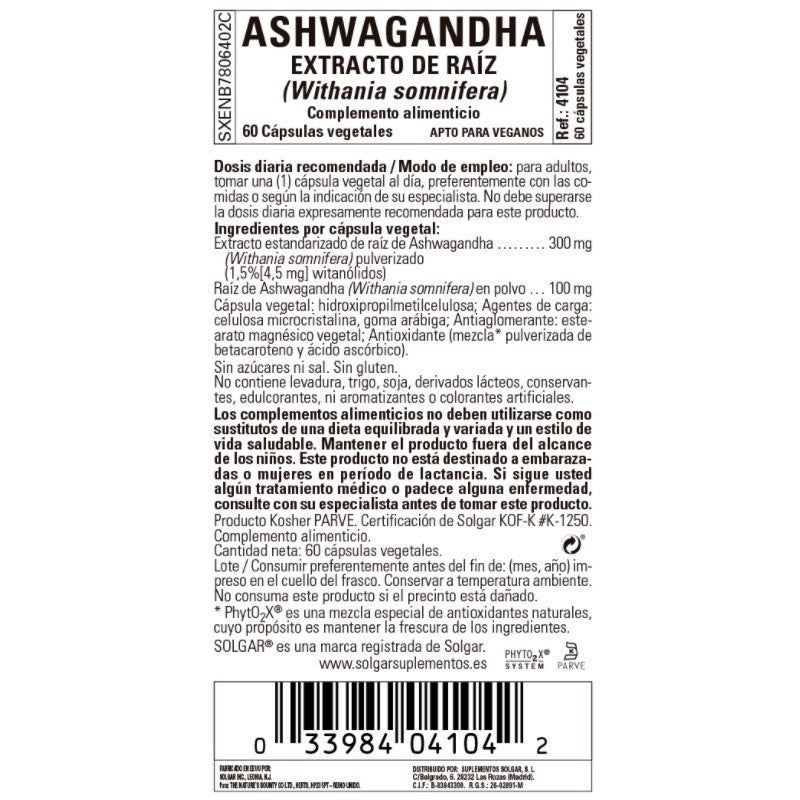 SOLGAR Ashwagandha 60 Cápsulas Vegetales-2