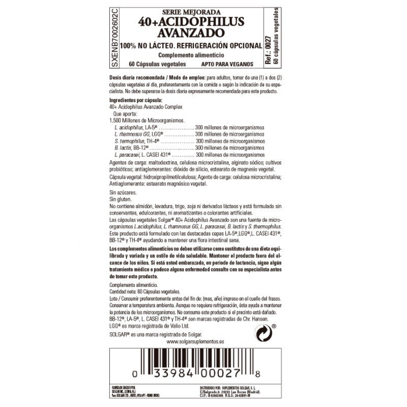 SOLGAR 40 Plus Acidophilus Avanzado Probiótico 60 Cápsulas Vegetales-3