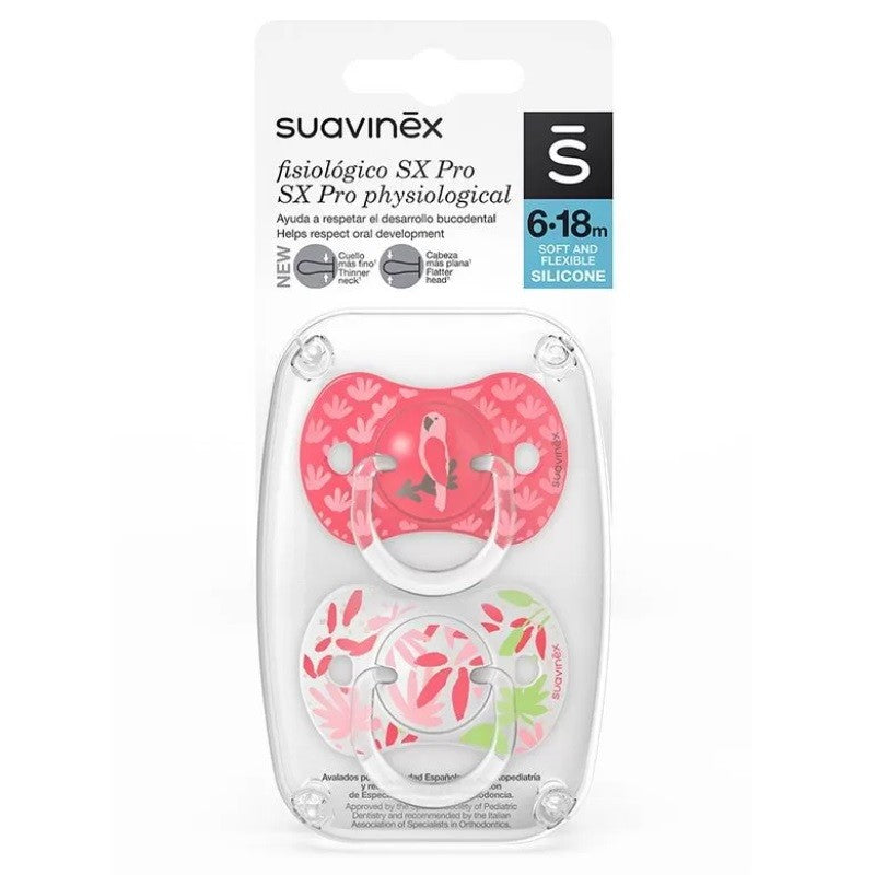 SUAVINEX Chupete SX Pro Tetina Fisiológica Silicona 6-18 Meses 2 Unidades (Loro Rosa)-1