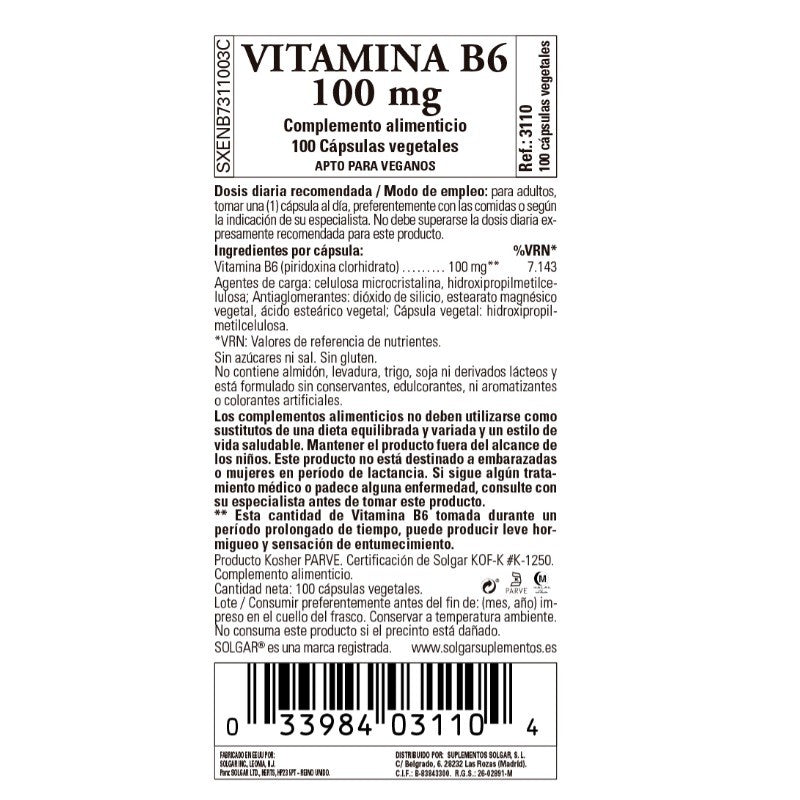 SOLGAR Vitamina B6 100mg (100 Cápsulas Vegetales)-3