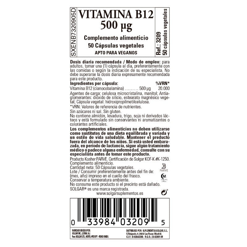 SOLGAR Vitamina B12 500μg (Cianocobalamina) 50 cápsulas vegetales-3