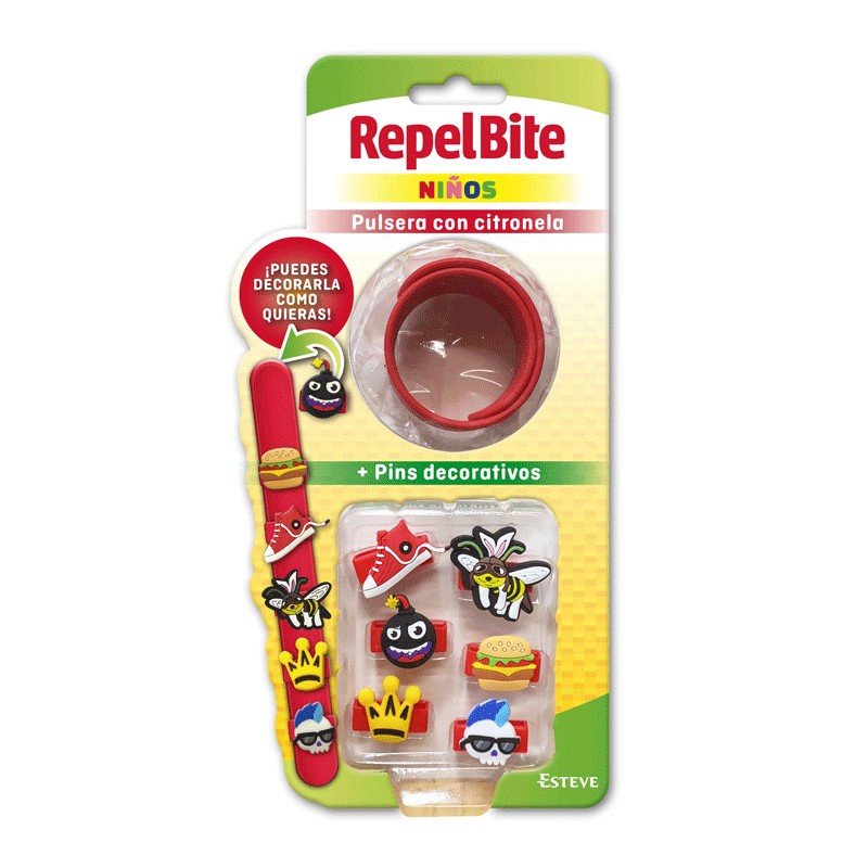 REPEL BITE Pulsera Citronela Niños + Pins Decorativos Color Rojo-1