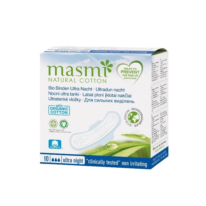 MASMI Compresas Ultrafinas de Noche 100% Algodón con Alas 10 uds-1