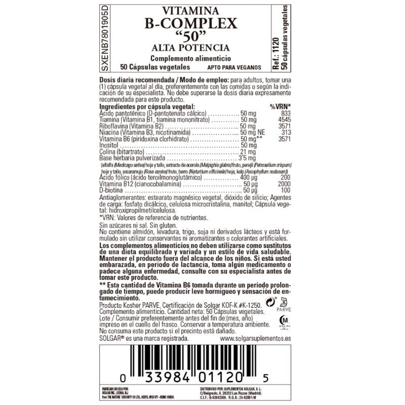 SOLGAR Vitamina B Complex 50 Cápsulas Vegetales-2