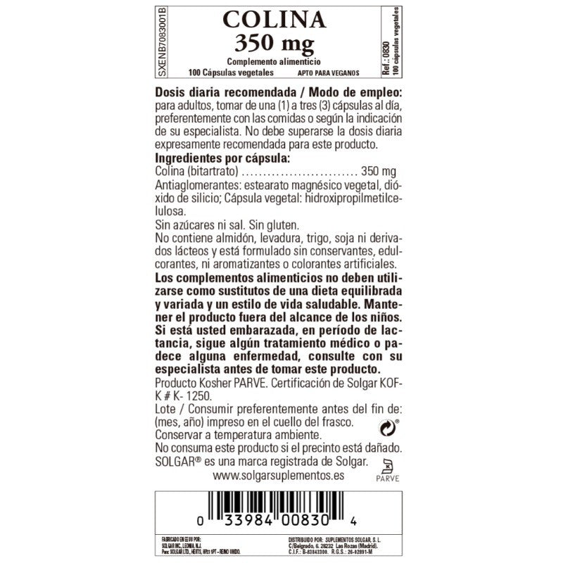 SOLGAR Colina 350mg (100 Cápsulas Vegetales)-2
