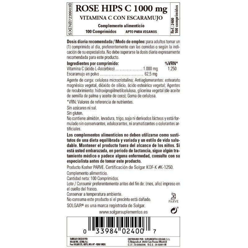 SOLGAR Rose Hips C 1000mg Vitamina C con Escaramujo (100 Comprimidos)-2