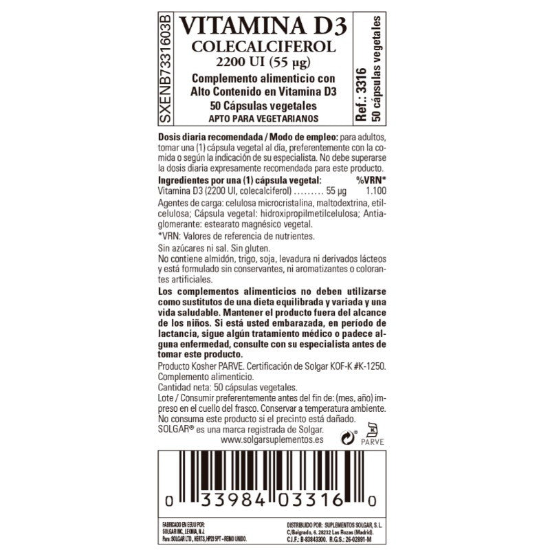 SOLGAR Vitamina D3 2200 UI (55 μg) (Colecalciferol) 50 Cápsulas Vegetales-2