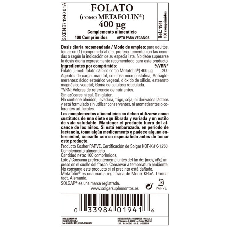 SOLGAR Folato Metafolin 400mcg (100 comprimidos)-2
