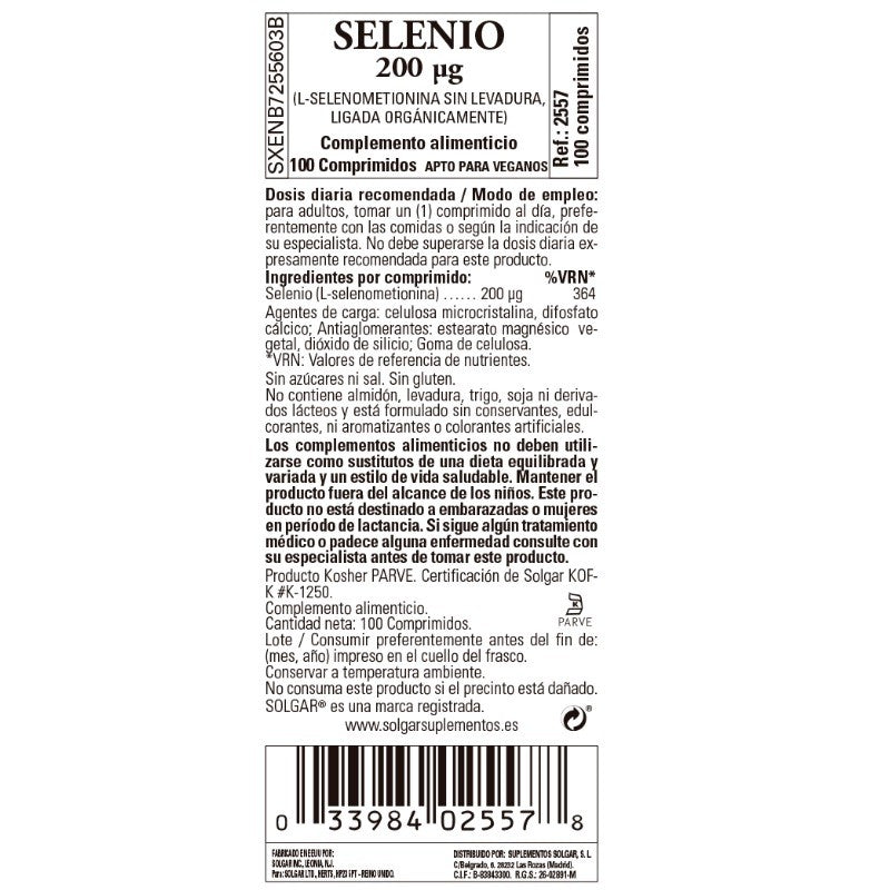SOLGAR Selenio 200mcg (sin levadura) 100 comprimidos-2