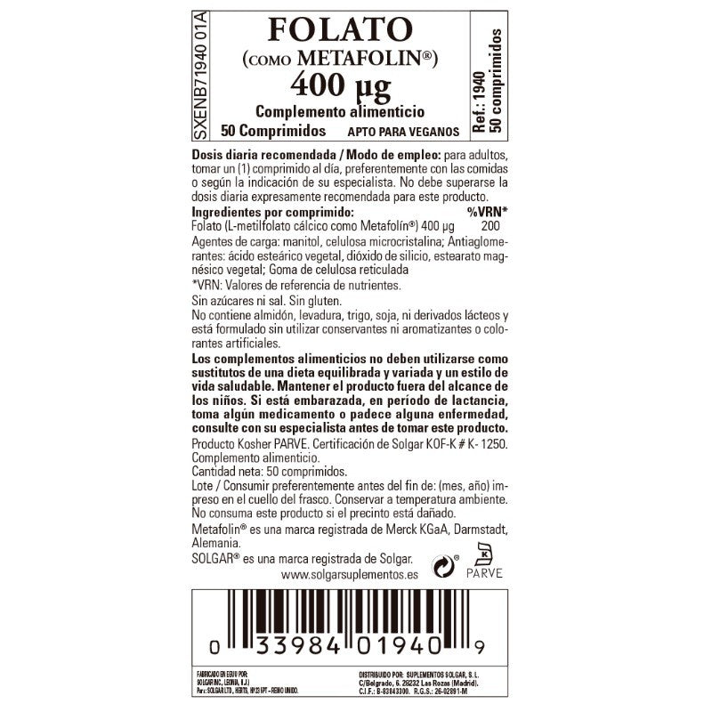 SOLGAR Folato (como Metafolin) 400mcg 50 comprimidos-2