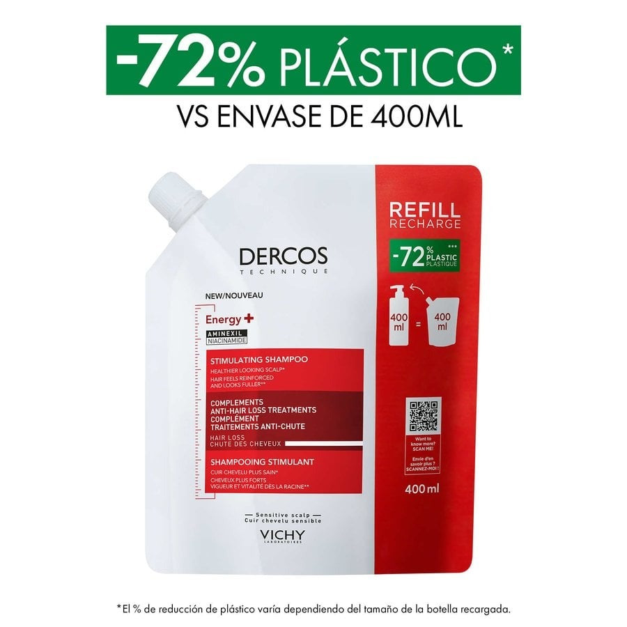 VICHY Dercos Champú Energizante Estimulante Anticaída 400ml + Recarga 400ml