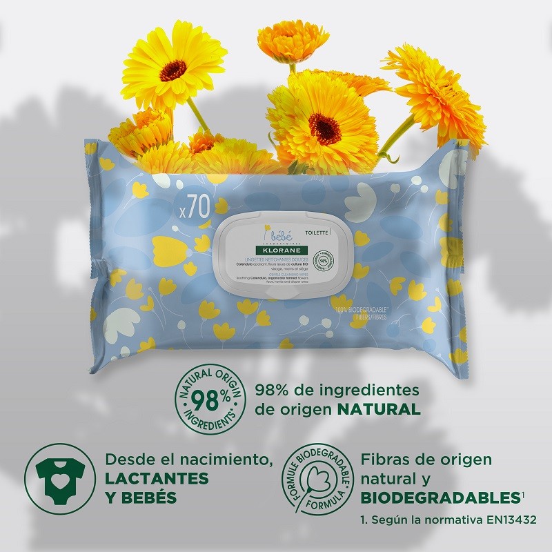 KLORANE BEBÉ Toallitas Limpiadoras Suaves Caléndula 70 Unidades-4