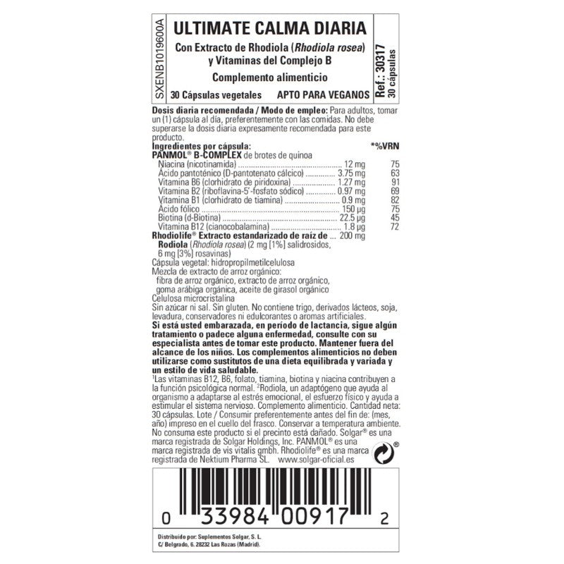 SOLGAR Ultimate Calma Diaria con Rodiola y Panmol B complex 30 Cápsulas-3