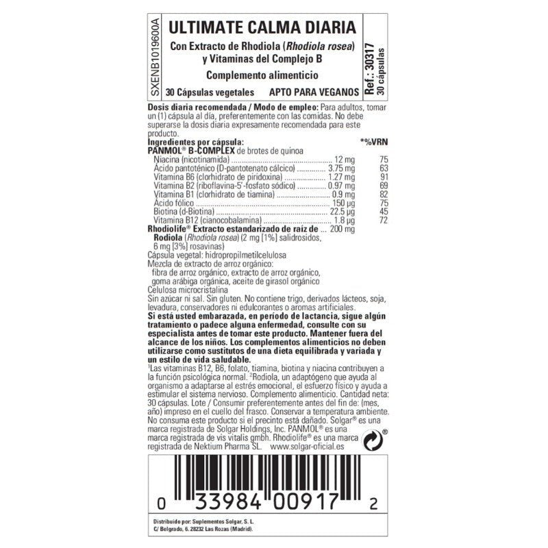 SOLGAR Ultimate Calma Diaria con Rodiola y Panmol B complex 30 Cápsulas-3