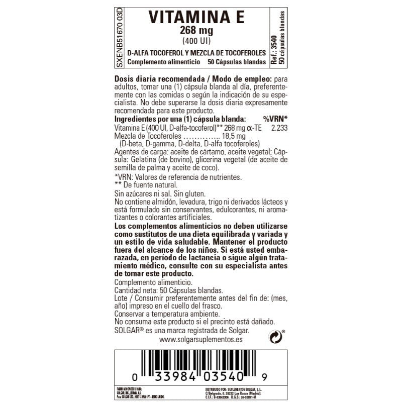 SOLGAR Vitamina E 400 UI (268 mg) 50 cápsulas blandas-2