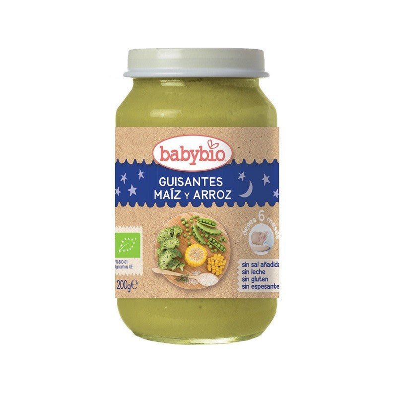 BABYBIO Tarrito Buenas Noches BIO Guisantes, Maíz y Arroz +6m 200g-1