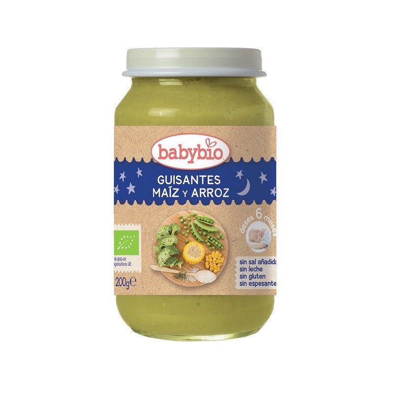 BABYBIO Tarrito Buenas Noches BIO Guisantes, Maíz y Arroz +6m 200g-1