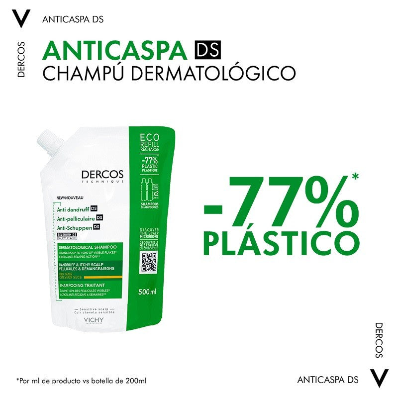 VICHY Dercos Champú Anticaspa Cabello Seco ECO RECARGA Duplo 2x500ml-3