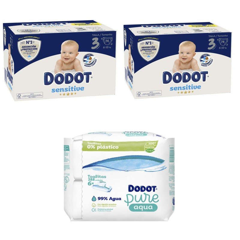 DODOT Pañales Recién Nacido Sensitive Talla 3 2x 74uds + Toallitas Aquapure 288 uds-1