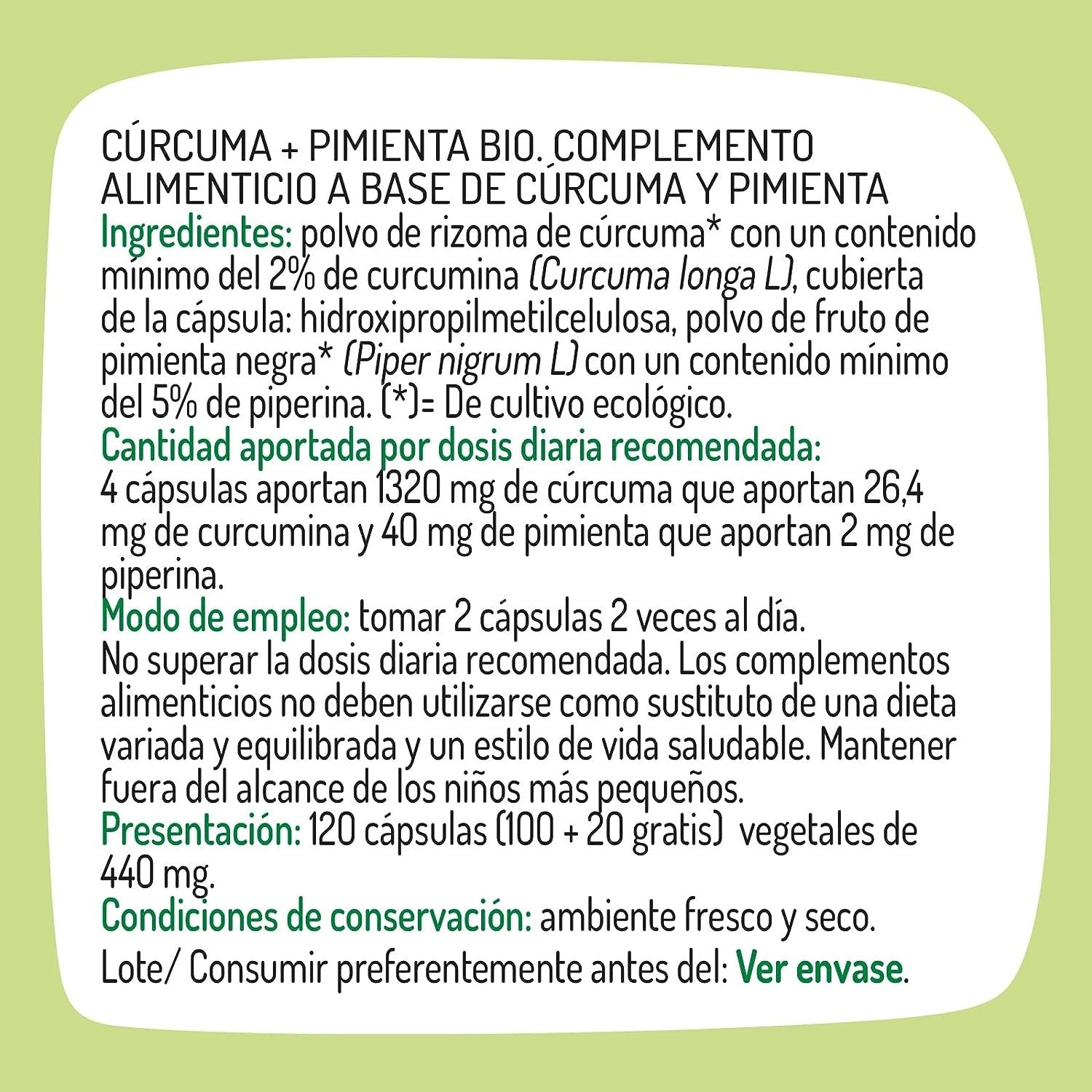 Granero Suplementos Curcuma + Pimienta Bio 440 Mg 100+20 Cápsulas-2