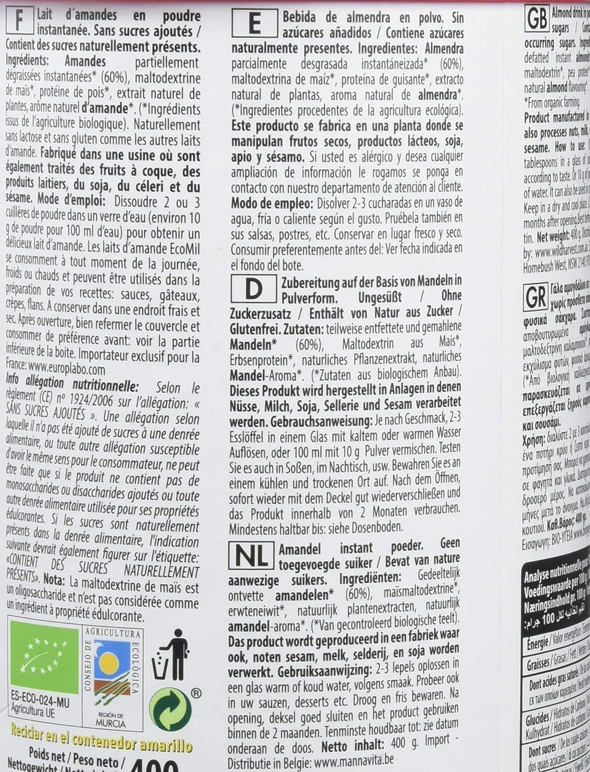 Nutriops Ecomil Almendra Nature Sin Azúcar 400g-5