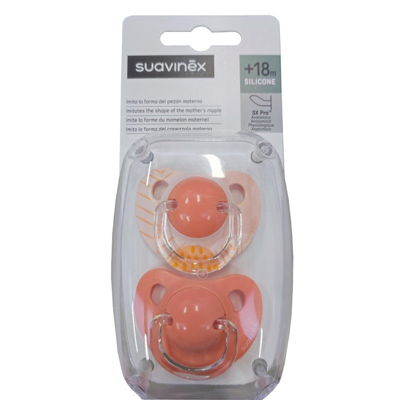 SUAVINEX Chupete Tetina Anatómica Silicona +18 Meses x2 (Rosa-Rayas)-1
