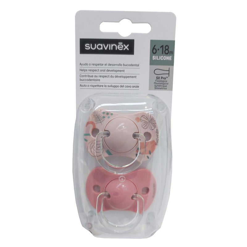 SUAVINEX Chupete SX Pro Tetina Fisiológica Silicona 6-18 Meses 2 Uds (FlorEspiga-Rosa)-1