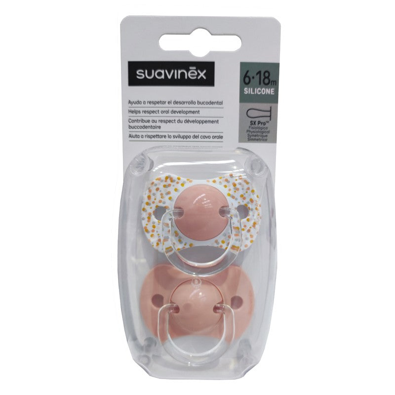 SUAVINEX Chupete SX Pro Tetina Fisiológica Silicona 6-18 Meses 2 Unidades (Puntitos Naranja-Rosa)-1
