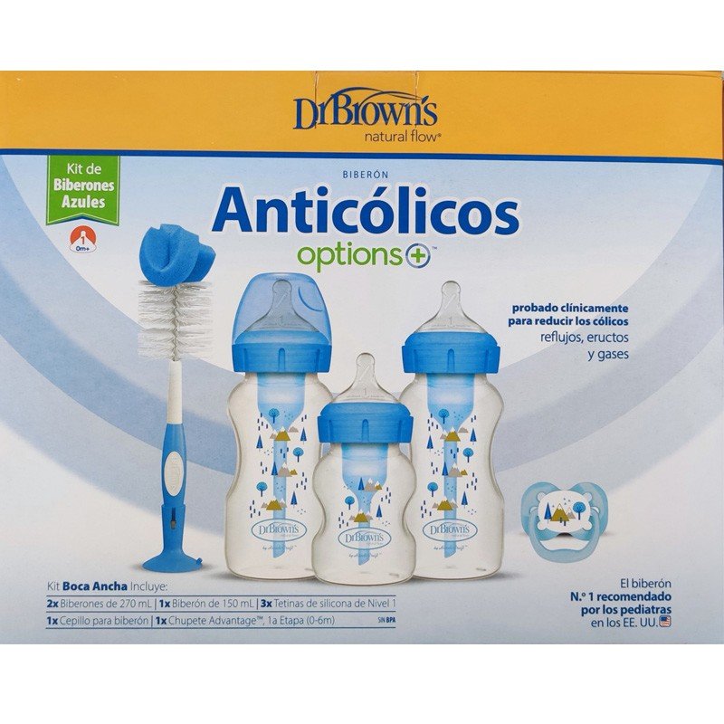 Dr Brown´s Kit Regalo Biberones Anticólicos Boca Ancha Options+ Azul-1