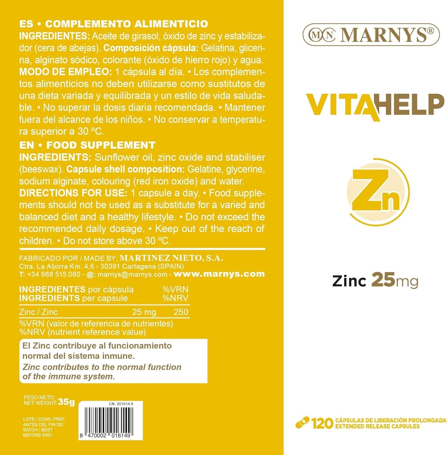 Marnys Vitahelp Zinc 25 mg 120 Perlas-4